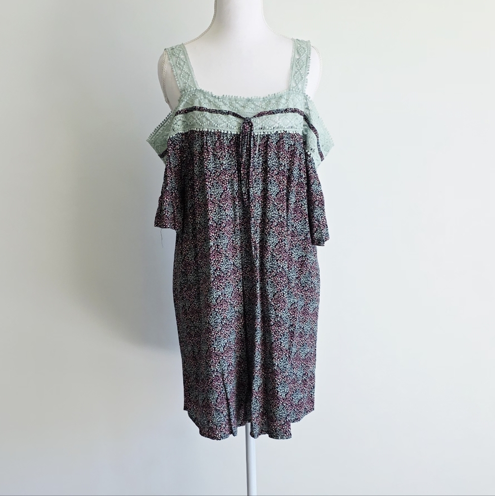 Kori America Floral Cold-Shoulder Mini Dress With Mint Lace Trim Women's Size S